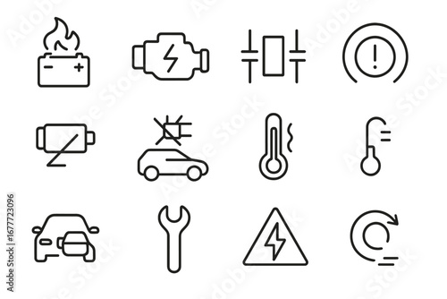 EV Warning Icons. Line style icons of EV warning indicators: battery overheating icon, motor fault light, insulation fault, brake