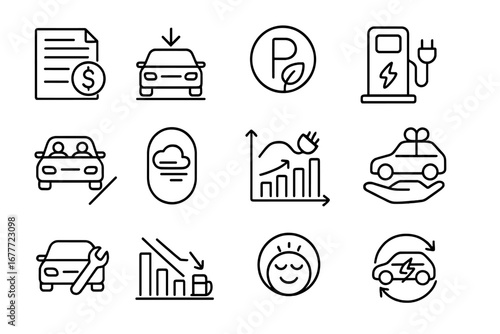 EV Ownership Icons. Line style icons of EV ownership benefits: tax credit form, reduced toll icon, green parking badge, free