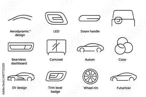 EV Design Icons. Line style icons of EV design and aesthetics: aerodynamic curve icon, LED headlight outline, flush door handle,