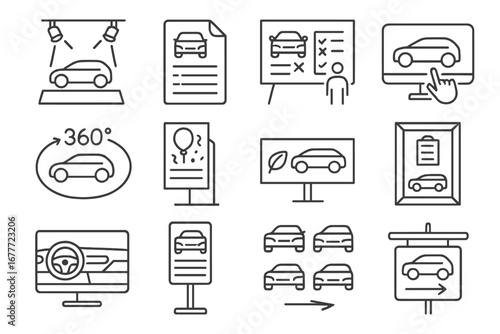 EV Showroom Icons. Line style icons of EV showroom and marketing: EV spotlight display, specs sheet icon, feature comparison board