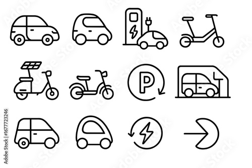 Micro-EV Icon Set. Line style icons of micro-EVs and compact mobility: 2-seater EV icon, city pod EV, compact charge icon,