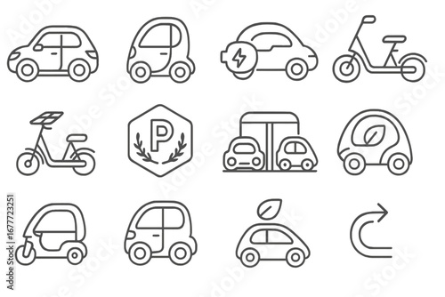 Micro-EV Icon Set. Line style icons of micro-EVs and compact mobility: 2-seater EV icon, city pod EV, compact charge icon,