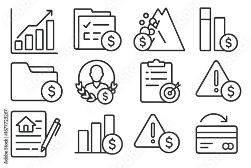 Debt Strategy Icons. Line style icons of debt management strategies: debt snowball chart, payoff tracker file, debt avalanche icon