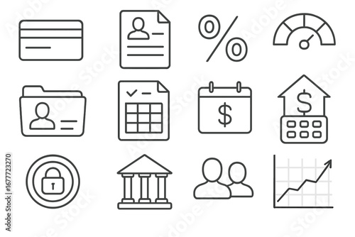 Financial Icons Collection. Line style icons of credit and loans: credit card icon, loan agreement file, interest rate percentage,