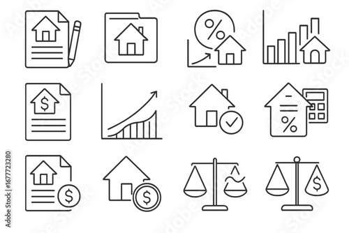 Housing Finance Icons. Line style icons of housing finance: mortgage application form, home loan folder, interest rate icon,