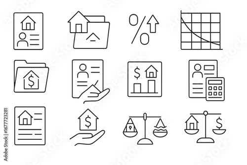 Housing Finance Icons. Line style icons of housing finance: mortgage application form, home loan folder, interest rate icon,