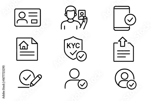 User Verification Icons. Line style icons of user verification steps: identity document icon, selfie with ID badge, phone number