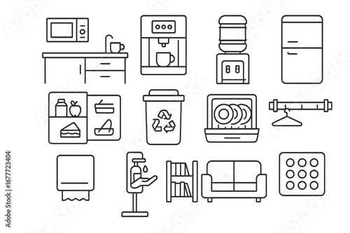 Office Amenity Icons. Line style icons of shared office amenities: kitchenette appliances, coffee machine, water cooler, fridge