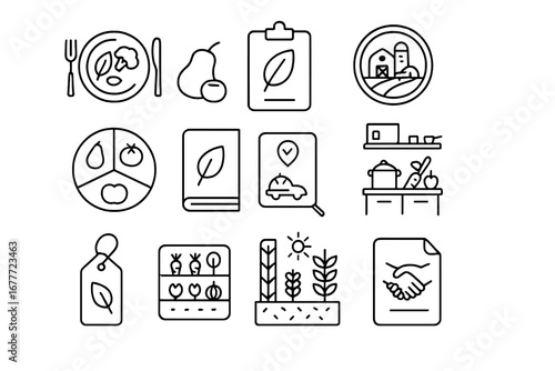 Sustainable Food Icons. Line style icons of sustainable food systems: plant-based meal icon, organic label file, seasonal produce