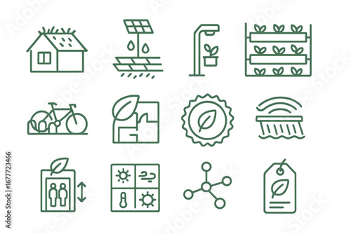 Green Infrastructure Icons. Line style icons of green infrastructure: green roof icon, permeable pavement, solar streetlight,