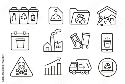 Waste Management Icons. Line style icons of waste management systems: sorting bin icons, landfill site tag, recycling center file,