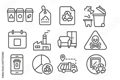 Waste Management Icons. Line style icons of waste management systems: sorting bin icons, landfill site tag, recycling center file,