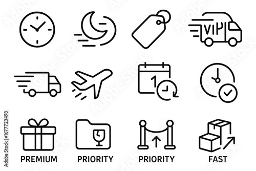 Express Shipping Icons. Line style icons of express and premium shipping: 24-hour delivery icon, overnight express label, priority