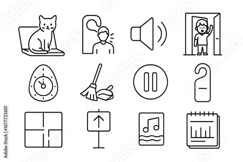 Home Distraction Icons. Line style icons of home distractions and solutions: pet interruption icon, noisy neighbor tag, background