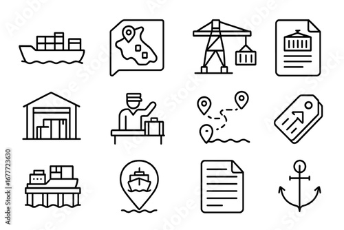 Maritime Logistics Icons. Line style icons of maritime logistics: container ship, freight port map, cargo crane icon, shipping
