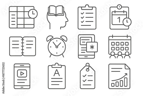 School Productivity Icons. Line style icons of school productivity: study schedule chart, subject focus icon, homework checklist,