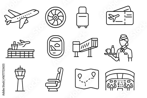 Aviation Line Icons. Line style icons of aviation transport: commercial airplane, jet engine icon, luggage trolley, flight