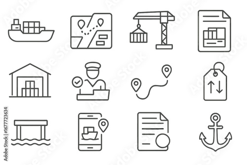 Maritime Logistics Icons. Line style icons of maritime logistics: container ship, freight port map, cargo crane icon, shipping
