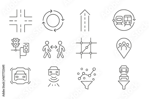 Urban Transport Icons. Line style icons of urban transport flow: intersection grid icon, roundabout loop, one-way street diagram,