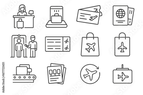 Air Travel Icons. Line style icons of air travel processes: check-in desk, luggage scan icon, boarding gate pass, passport and