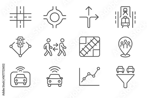 Urban Transport Icons. Line style icons of urban transport flow: intersection grid icon, roundabout loop, one-way street diagram,