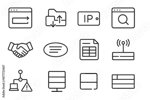 Internet Protocol Icons. Line style icons of internet protocols: HTTP request icon, FTP transfer folder, IP protocol tag, DNS