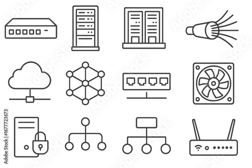 Network Infrastructure Icons. Line style icons of network infrastructure: network switch, server rack, data center icon, fiber