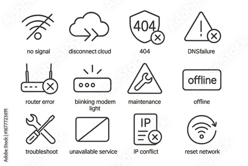 Internet Outage Icons. Line style icons of internet outages: no signal icon, disconnected cloud, error 404 badge, DNS failure