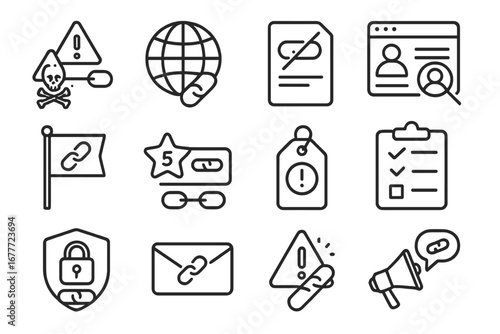 Link Detox Icons. Line style icons of link detox and cleanup: toxic link alert, spammy domain icon, disavow list file, link