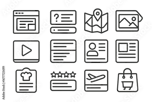 SERP Features Icons. Line style icons of SERP features: featured snippet icon, people also ask box, local pack map, image carousel