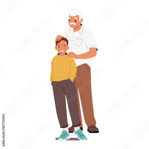 Happy grandfather with grandson cartoon characters standing together isolated on white background