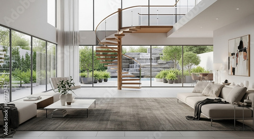 Elegant modern living room with a grand spiral staircase, expansive windows, and garden views