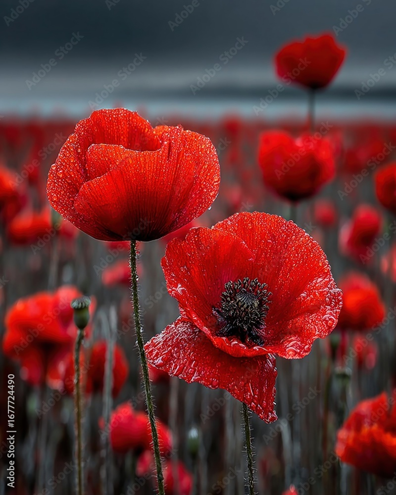 Obraz premium Field of red poppies under dark cloudy sky, symbolic background for Remembrance Day or Armistice Day, selective color effect