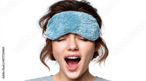 Sleepy woman wearing a blue eye mask yawns against a bright white background. She's wearing a grey shirt and has light brown hair in a messy bun.