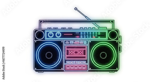 Retro Boombox Illustration with Colorful Glowing Neon Lights Isolated on White Background