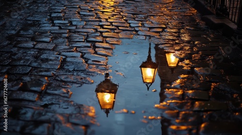 A serene urban scene featuring cobblestone streets reflecting warm lamplight after rain, creating a moody and atmospheric ambiance.