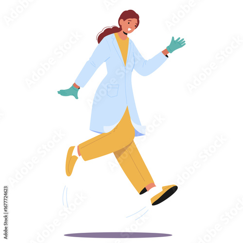 Happy woman clinic laboratory worker cartoon character jumping high isolated on white background