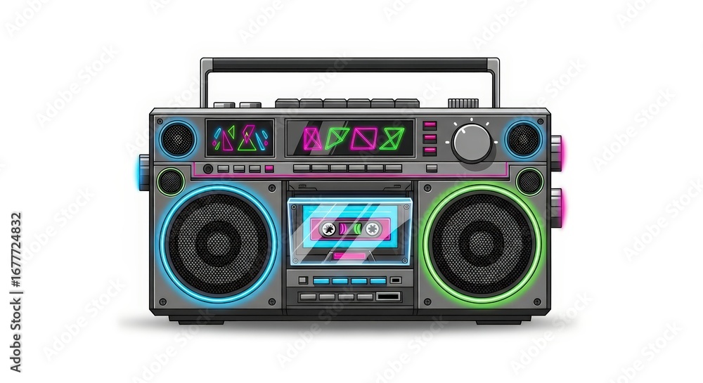 Obraz premium Retro Boombox with Colorful Neon Lights and Cassette Tape Isolated on White Background