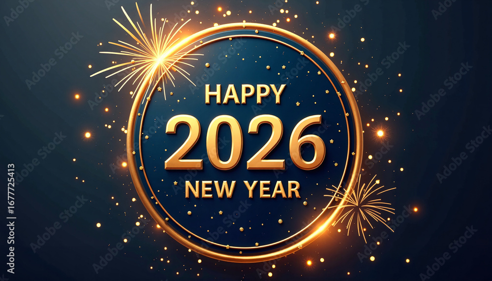 Naklejka premium Navy-blue circular badge with gold text celebrating 2026 Happy New Year, adorned with fireworks and lights, designed for festive greetings or promotional materials.