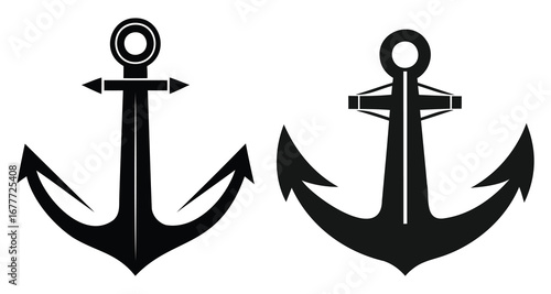Two black anchor silhouettes isolated on a white background in a vector format