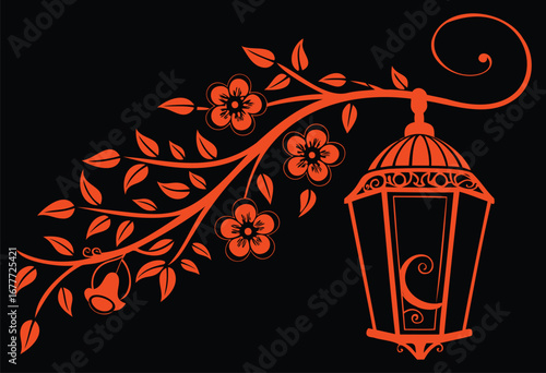Decorative orange lantern and floral branch on a black background art