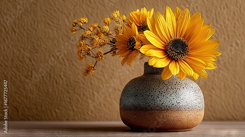   A vase brimming with golden sunflowers atop a wooden table before a warm-toned wall
