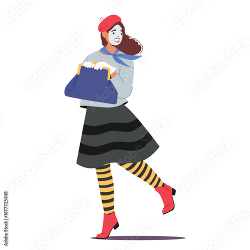 Attractive woman mime actress cartoon character running with handbag isolated on white background