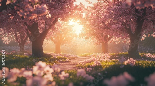 A serene pathway lined with blooming cherry blossom trees, bathed in warm sunlight, creating a tranquil and picturesque landscape.