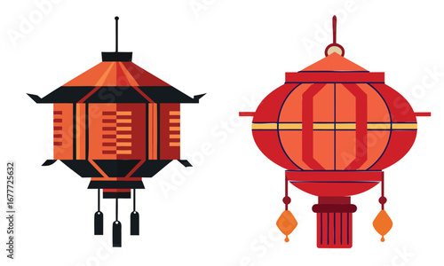 Two traditional chinese lanterns in red and orange colors on a white background
