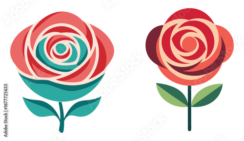 Two stylized roses in red and teal hues on a white background floral design