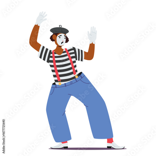 Cute mime actor cartoon character wearing black-and-white striped pullover playing scared emotion