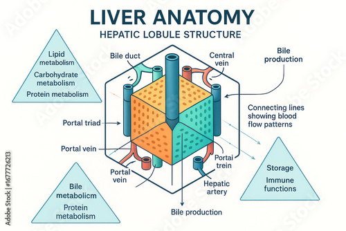 Liver Anatomy - Hepatic Lobule Structure Illustration, Medical Diagram, Human Body, Healthcare, Educational Material, Anatomy, Health, Biology, Science [198/200]