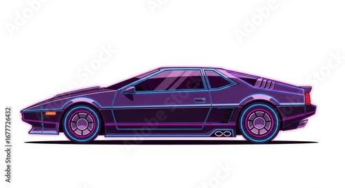 Purple 80s Retro Sports Car with Glowing Neon Lights in a Synthwave Style Isolated on a White Background