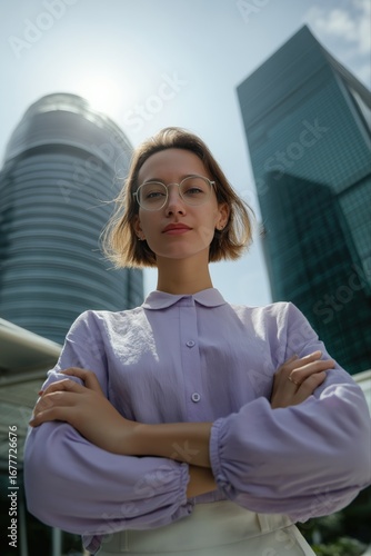 Free Download Confident young caucasian female in urban setting with skyscrapers - GFXLoad